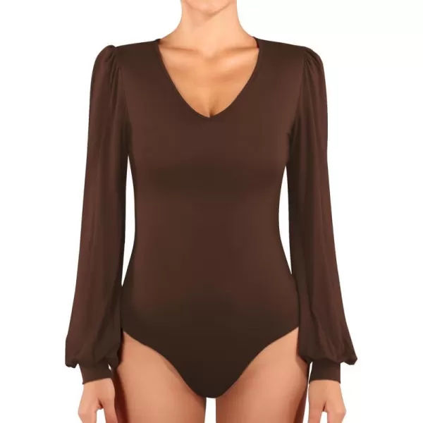 MANGOPOP Womens Bodysuit Long Sleeve V Neck Body Suit for Women Puff Sleeve Ribbed Bodysuits ShirtsCoffee