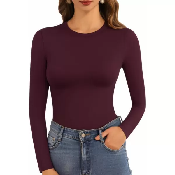 MANGOPOP Womens Short Sleeve Long Sleeve Crew Neck T Shirts Tops TeesLong Sleeve Burgundy