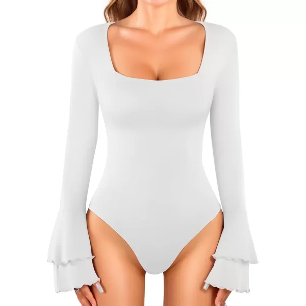 MANGOPOP Bodysuit Shirts for Women Square Neck Long Sleeve Bell Sleeve Bodysuit TopsLong Sleeve B Long Sleeve White