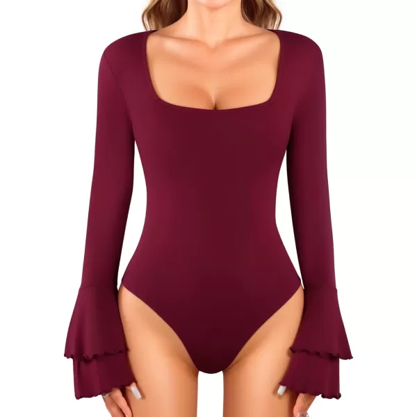 MANGOPOP Bodysuit Shirts for Women Square Neck Long Sleeve Bell Sleeve Bodysuit TopsLong Sleeve Long Sleeve Burgundy