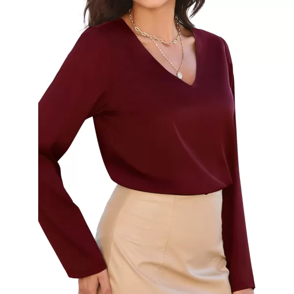 MANGOPOP Womens Body Suits V Neck Loose Fit Satin Blouse Sleeveless Long Sleeve Tank Bodysuit Tops ElegantLong Sleeve Wine Red