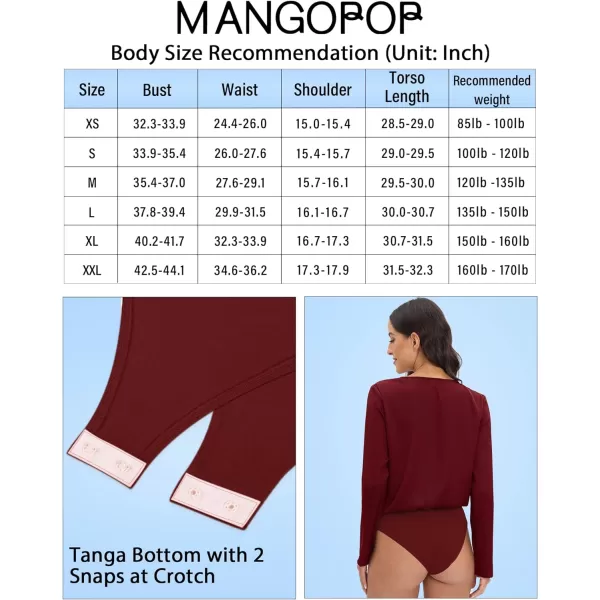 MANGOPOP Womens Body Suits V Neck Loose Fit Satin Blouse Sleeveless Long Sleeve Tank Bodysuit Tops ElegantLong Sleeve Wine Red