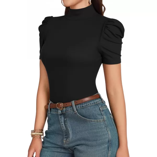 MANGOPOP Womens Mock Neck Long Sleeve Short Sleeve Tops Puff Sleeve Workwear Blouse Bodysuits DressyA Short Sleeve Black