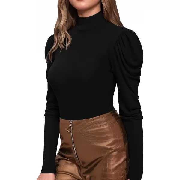 MANGOPOP Womens Mock Neck Long Sleeve Short Sleeve Tops Puff Sleeve Workwear Blouse Bodysuits DressyB Long Sleeve Black