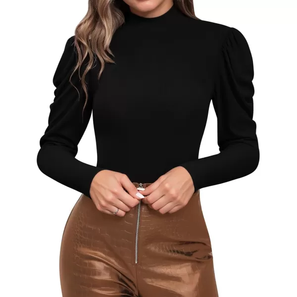 MANGOPOP Womens Mock Neck Long Sleeve Short Sleeve Tops Puff Sleeve Workwear Blouse Bodysuits DressyB Long Sleeve Black