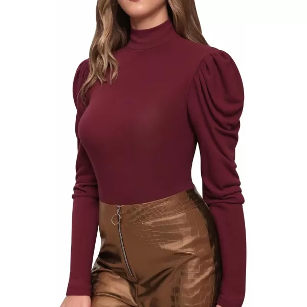 MANGOPOP Womens Mock Neck Long Sleeve Short Sleeve Tops Puff Sleeve Workwear Blouse Bodysuits DressyLong Sleeve Burgundy