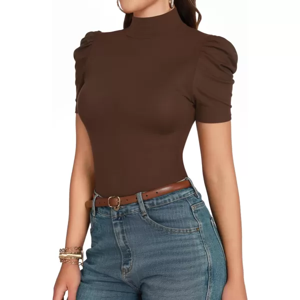 MANGOPOP Womens Mock Neck Long Sleeve Short Sleeve Tops Puff Sleeve Workwear Blouse Bodysuits DressyShort Sleeve Coffee