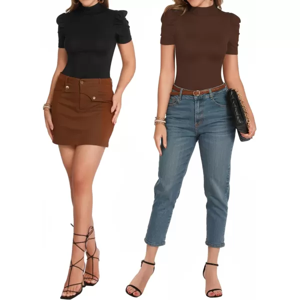 MANGOPOP Womens Mock Neck Long Sleeve Short Sleeve Tops Puff Sleeve Workwear Blouse Bodysuits DressyShort Sleeve Coffee