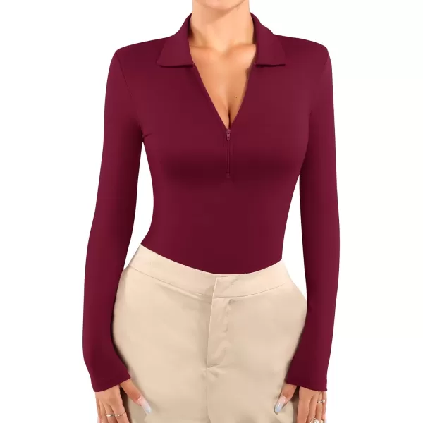 MANGOPOP Zip Up Bodysuit V Neck Collared Long Sleeve Body Suit Polo for Women Ribbed Deep Sexy Going Out Bodysuit ShirtsLong Sleeve Burgundy