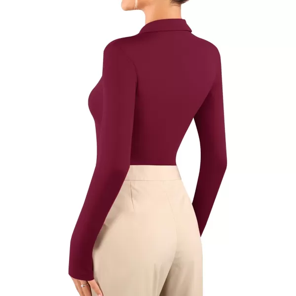 MANGOPOP Zip Up Bodysuit V Neck Collared Long Sleeve Body Suit Polo for Women Ribbed Deep Sexy Going Out Bodysuit ShirtsLong Sleeve Burgundy