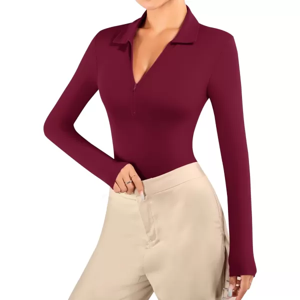 MANGOPOP Zip Up Bodysuit V Neck Collared Long Sleeve Body Suit Polo for Women Ribbed Deep Sexy Going Out Bodysuit ShirtsLong Sleeve Burgundy