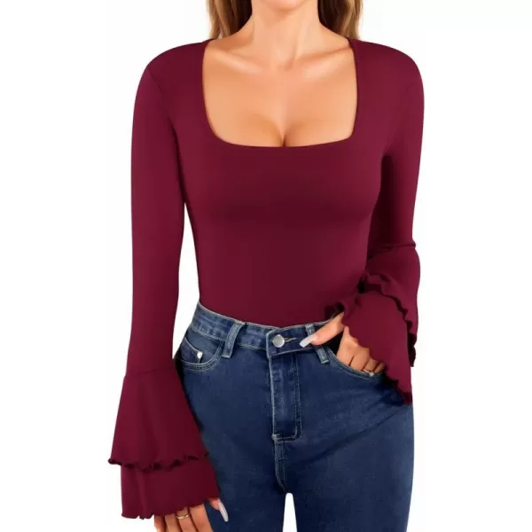 MANGOPOP Bodysuit Shirts for Women Square Neck Long Sleeve Bell Sleeve Bodysuit TopsLong Sleeve Long Sleeve Burgundy