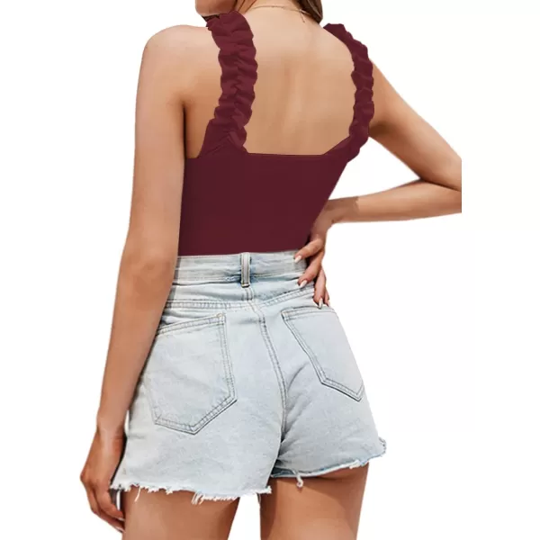 MANGOPOP Square Neck Ruffle Strap Stretchy Tank Tops Bodysuit for WomenSleeveless Burgundy