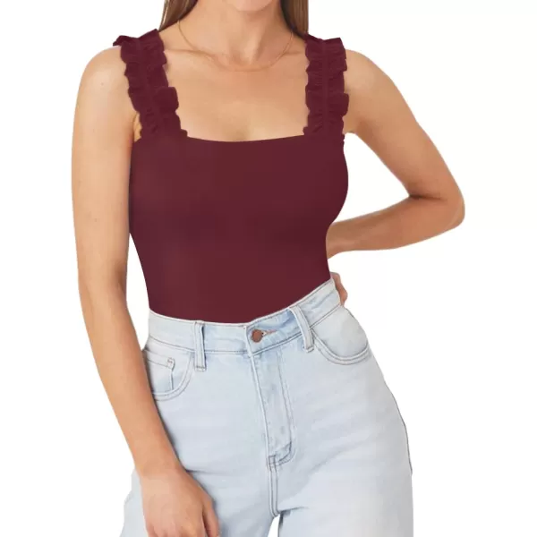 MANGOPOP Square Neck Ruffle Strap Stretchy Tank Tops Bodysuit for WomenSleeveless Burgundy