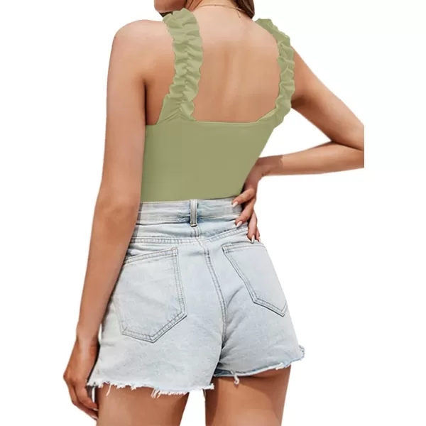 MANGOPOP Square Neck Ruffle Strap Stretchy Tank Tops Bodysuit for WomenSleeveless Olive Green