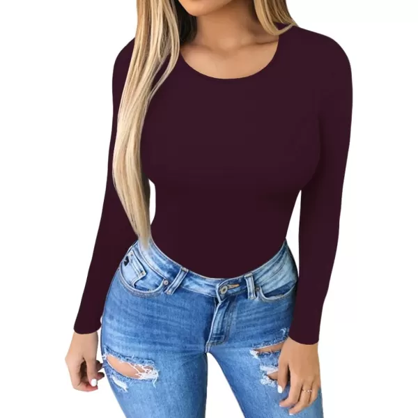 MANGOPOP Womens Round Collar Clothing Short Sleeve Long Sleeve Tops T Shirt BodysuiBurgundy