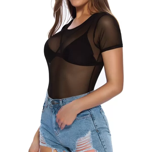 MANGOPOP Womens Round Collar Clothing Short Sleeve Long Sleeve Tops T Shirt BodysuiD Sheer Mesh Black Without Bra Or Panties