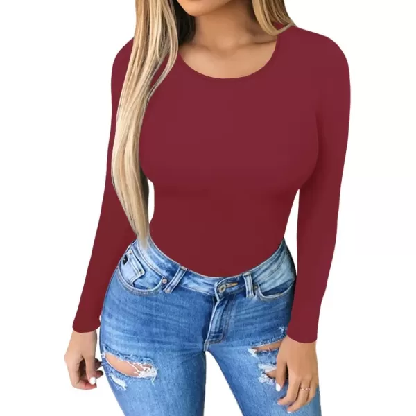 MANGOPOP Womens Round Collar Clothing Short Sleeve Long Sleeve Tops T Shirt BodysuiLong Sleeve Deep Red