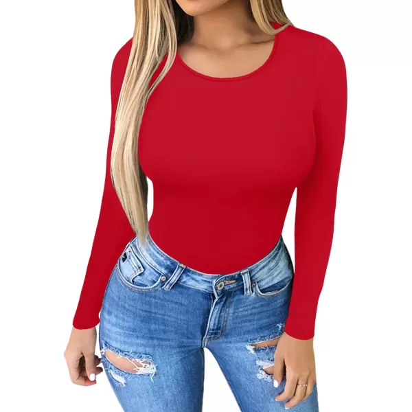 MANGOPOP Womens Round Collar Clothing Short Sleeve Long Sleeve Tops T Shirt BodysuiLong Sleeve Red Fleece Lined