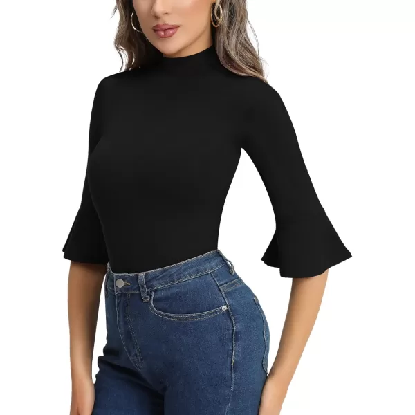 MANGOPOP Bell Sleeve Mock Neck Long Sleeve Short Sleeve Bodysuit for Going Out Tops for Women34 Sleeve Black