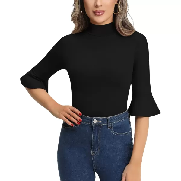 MANGOPOP Bell Sleeve Mock Neck Long Sleeve Short Sleeve Bodysuit for Going Out Tops for Women34 Sleeve Black