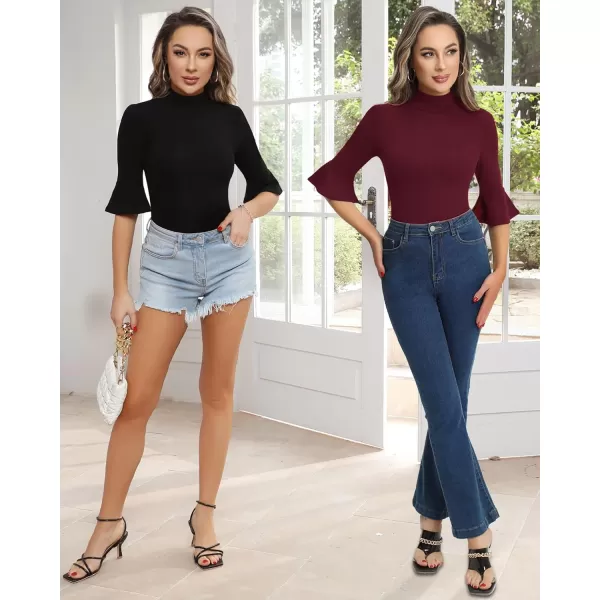 MANGOPOP Bell Sleeve Mock Neck Long Sleeve Short Sleeve Bodysuit for Going Out Tops for Women34 Sleeve Black