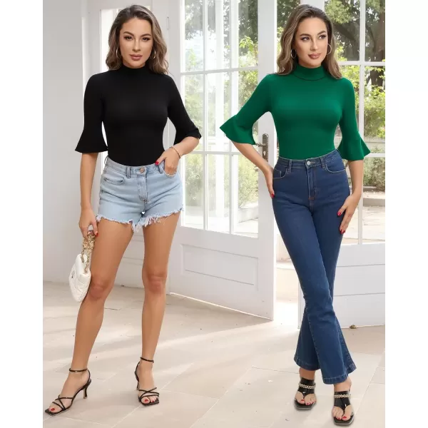 MANGOPOP Bell Sleeve Mock Neck Long Sleeve Short Sleeve Bodysuit for Going Out Tops for Women34 Sleeve Deep Green