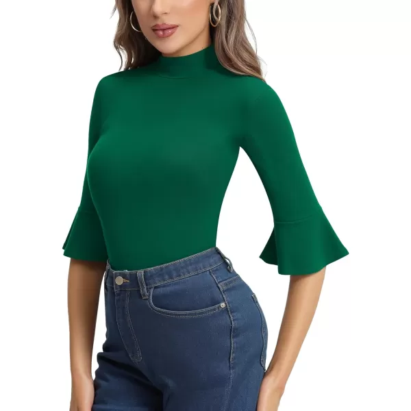 MANGOPOP Bell Sleeve Mock Neck Long Sleeve Short Sleeve Bodysuit for Going Out Tops for Women34 Sleeve Deep Green