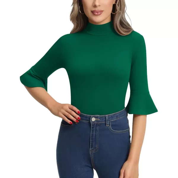 MANGOPOP Bell Sleeve Mock Neck Long Sleeve Short Sleeve Bodysuit for Going Out Tops for Women34 Sleeve Deep Green