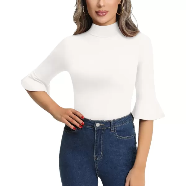 MANGOPOP Bell Sleeve Mock Neck Long Sleeve Short Sleeve Bodysuit for Going Out Tops for Women34 Sleeve White