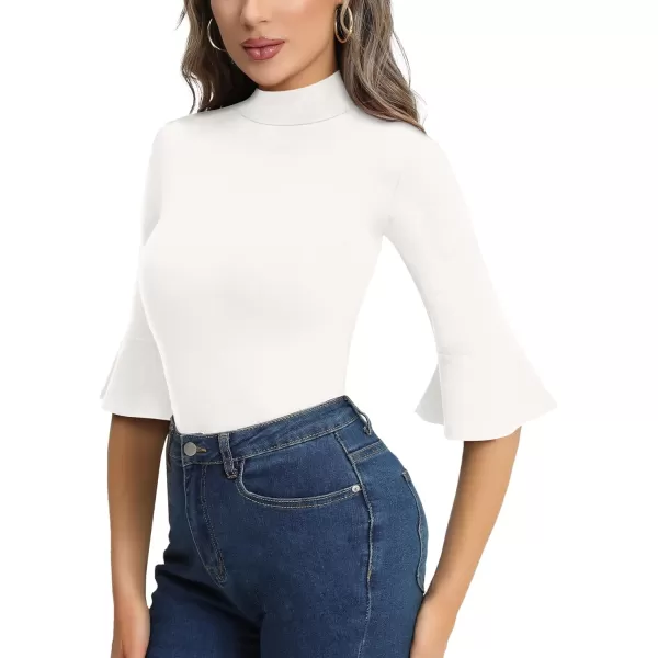 MANGOPOP Bell Sleeve Mock Neck Long Sleeve Short Sleeve Bodysuit for Going Out Tops for Women34 Sleeve White