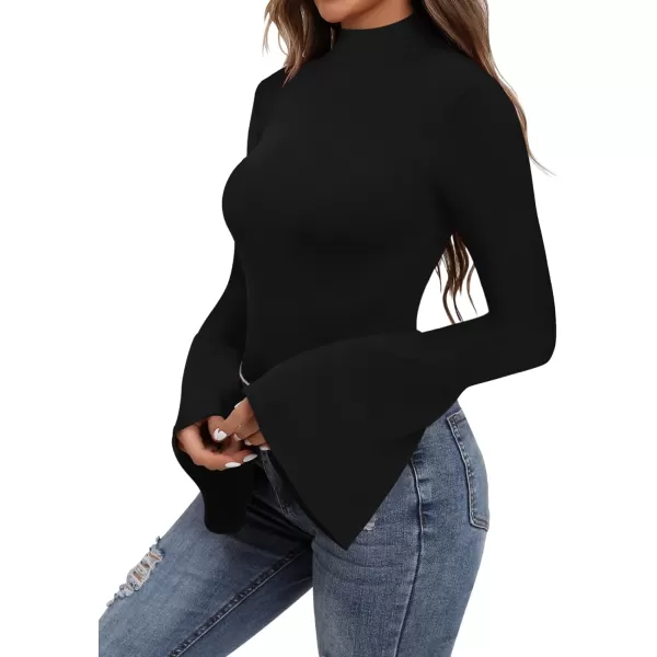 MANGOPOP Bell Sleeve Mock Neck Long Sleeve Short Sleeve Bodysuit for Going Out Tops for WomenA Long Sleeve Black