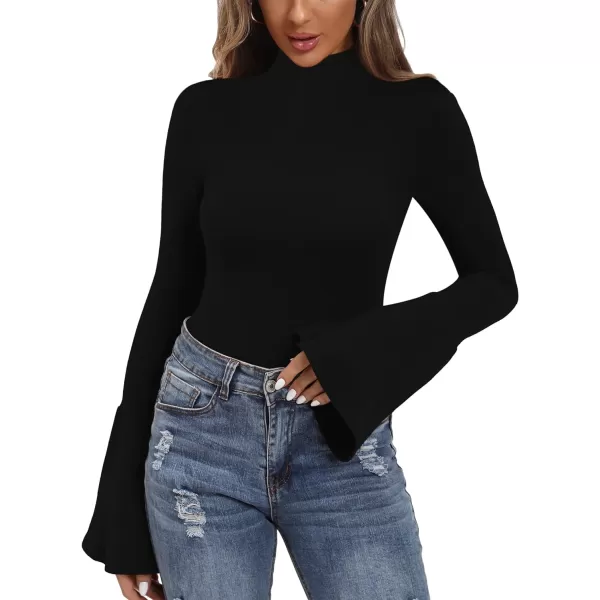 MANGOPOP Bell Sleeve Mock Neck Long Sleeve Short Sleeve Bodysuit for Going Out Tops for WomenA Long Sleeve Black