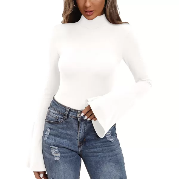 MANGOPOP Bell Sleeve Mock Neck Long Sleeve Short Sleeve Bodysuit for Going Out Tops for WomenA Long Sleeve White