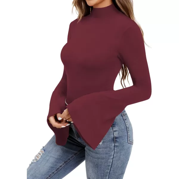 MANGOPOP Bell Sleeve Mock Neck Long Sleeve Short Sleeve Bodysuit for Going Out Tops for WomenLong Sleeve Burgundy