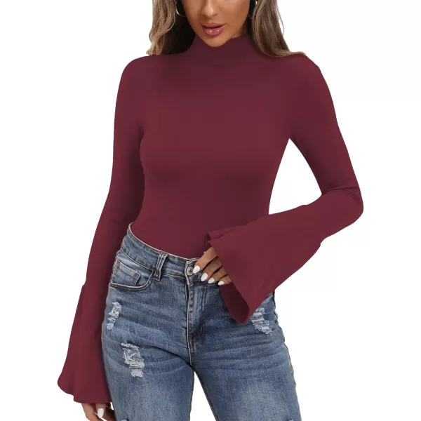 MANGOPOP Bell Sleeve Mock Neck Long Sleeve Short Sleeve Bodysuit for Going Out Tops for WomenLong Sleeve Burgundy