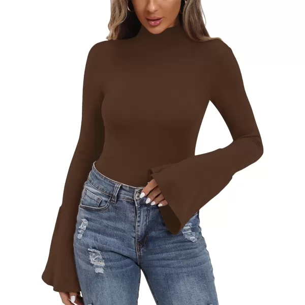 MANGOPOP Bell Sleeve Mock Neck Long Sleeve Short Sleeve Bodysuit for Going Out Tops for WomenLong Sleeve Coffee