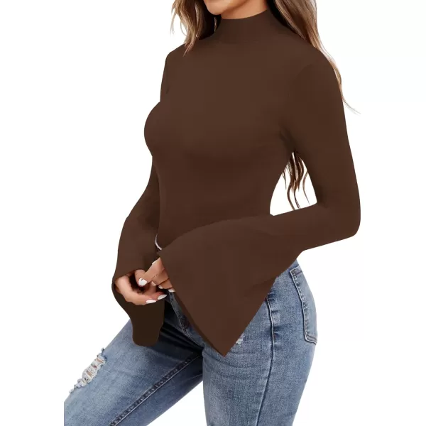 MANGOPOP Bell Sleeve Mock Neck Long Sleeve Short Sleeve Bodysuit for Going Out Tops for WomenLong Sleeve Coffee