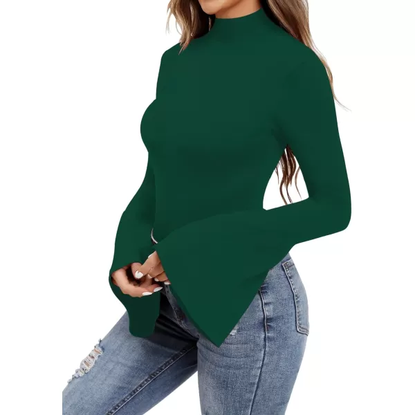 MANGOPOP Bell Sleeve Mock Neck Long Sleeve Short Sleeve Bodysuit for Going Out Tops for WomenLong Sleeve Deep Green