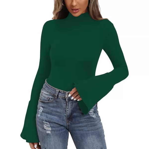 MANGOPOP Bell Sleeve Mock Neck Long Sleeve Short Sleeve Bodysuit for Going Out Tops for WomenLong Sleeve Deep Green