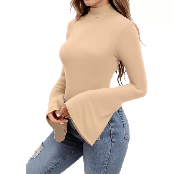 MANGOPOP Bell Sleeve Mock Neck Long Sleeve Short Sleeve Bodysuit for Going Out Tops for WomenLong Sleeve Nude