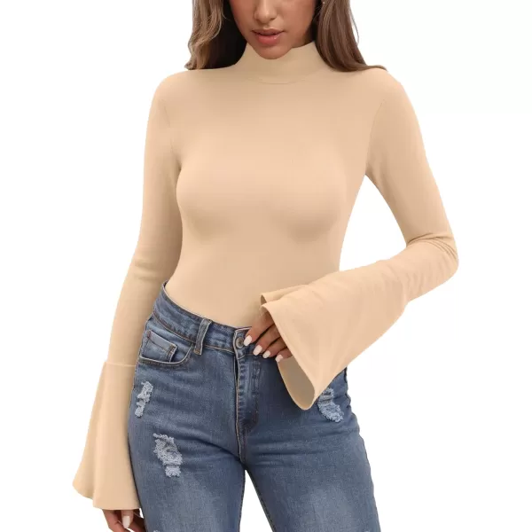 MANGOPOP Bell Sleeve Mock Neck Long Sleeve Short Sleeve Bodysuit for Going Out Tops for WomenLong Sleeve Nude