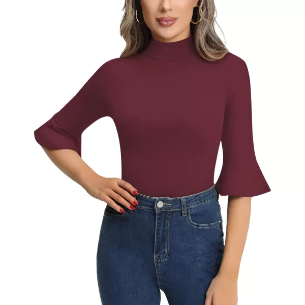 MANGOPOP Bell Sleeve Mock Neck Long Sleeve Short Sleeve Bodysuit for Going Out Tops for WomenShort Sleeve Burgundy