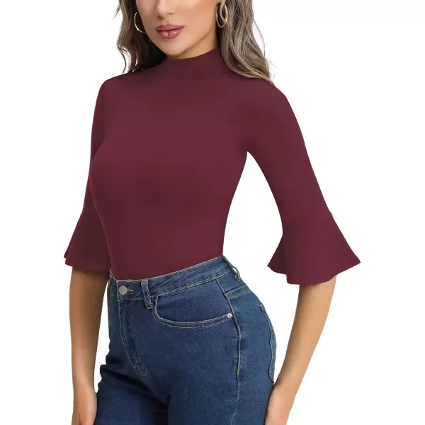 MANGOPOP Bell Sleeve Mock Neck Long Sleeve Short Sleeve Bodysuit for Going Out Tops for WomenShort Sleeve Burgundy