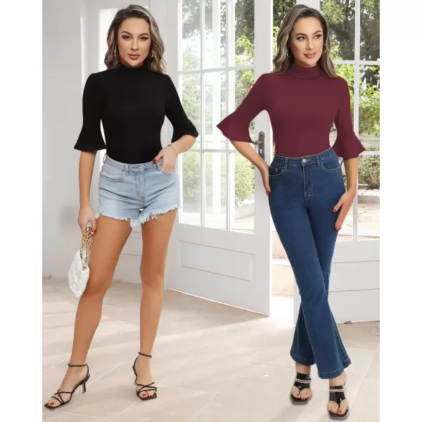 MANGOPOP Bell Sleeve Mock Neck Long Sleeve Short Sleeve Bodysuit for Going Out Tops for WomenShort Sleeve Burgundy