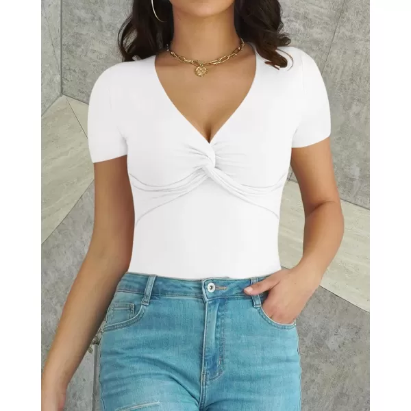 MANGOPOP Bodysuit for Women Deep V Neck Twist Knot Fitted Short Sleeve Long Sleeve TopsA Short Sleeve White