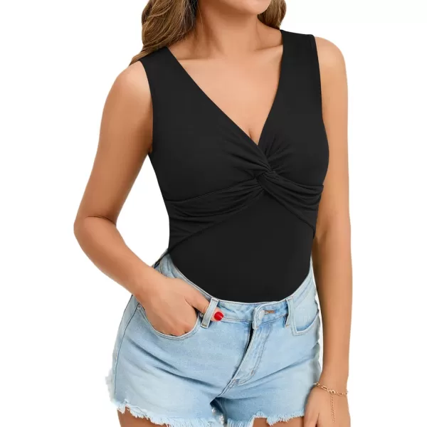 MANGOPOP Bodysuit for Women Deep V Neck Twist Knot Fitted Short Sleeve Long Sleeve TopsA Sleeveless Black