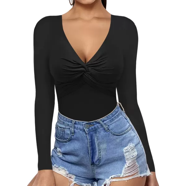 MANGOPOP Bodysuit for Women Deep V Neck Twist Knot Fitted Short Sleeve Long Sleeve TopsB Long Sleeve Black