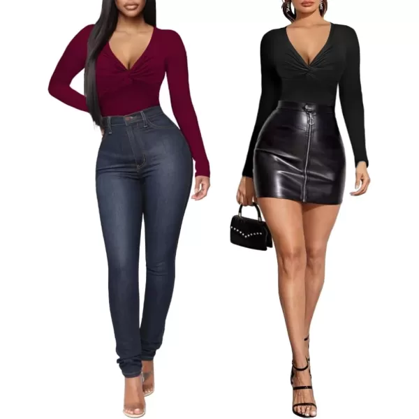 MANGOPOP Bodysuit for Women Deep V Neck Twist Knot Fitted Short Sleeve Long Sleeve TopsBurgundy