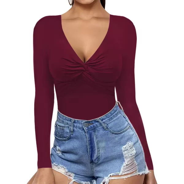 MANGOPOP Bodysuit for Women Deep V Neck Twist Knot Fitted Short Sleeve Long Sleeve TopsBurgundy